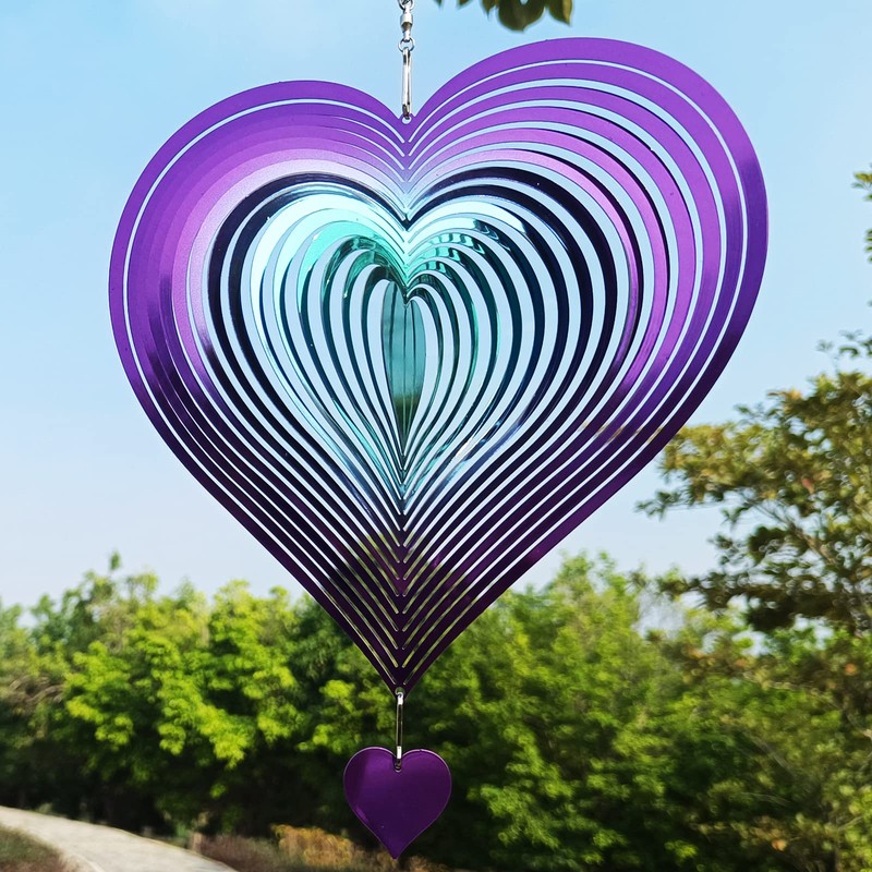 DJUAN Wind Spinner Purple-Green Gradient Love Heart 3D Metal Hanging