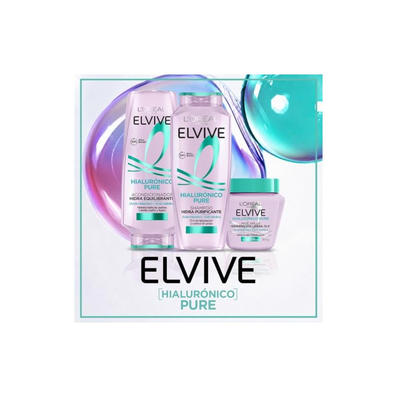 LOreal Paris, Elvive Mascarilla Hialurónico Pure Hidratacion Ligera 72H Con