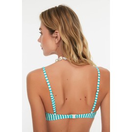 TRENDYOL Women's Strapless Striped Flywheel Bikini Top, Green