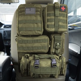 BXBXHD Universal Tactical Car Seat Back Organizer Bag Tactical Molle Vehicle Organizers Panel Vehicle Protector Organizers with 5 Detachable Pouches for Car Truck Ford Jeep Vehicle (Military green)