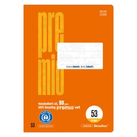 Staufen Premio Vocabulary Book – 5 Books Each 32 Sheets, DIN A5, Line Style 53 (Lined with 1 Middle Line), Premium White 90 g/m² Recycled Paper, Round Corners Prevent "Donkey Ears"