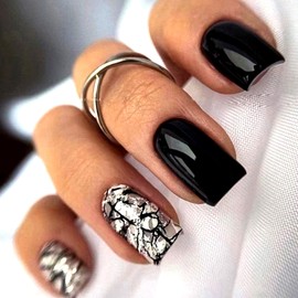 Black Press on Nails Short, Bling Marble Design Medium Square Fake Nails -False Nails Tips Glossy Natural Full Cover Stick on Nails, Reusable Glue on Acrylic Nails for Women Manicure DIY Decoration