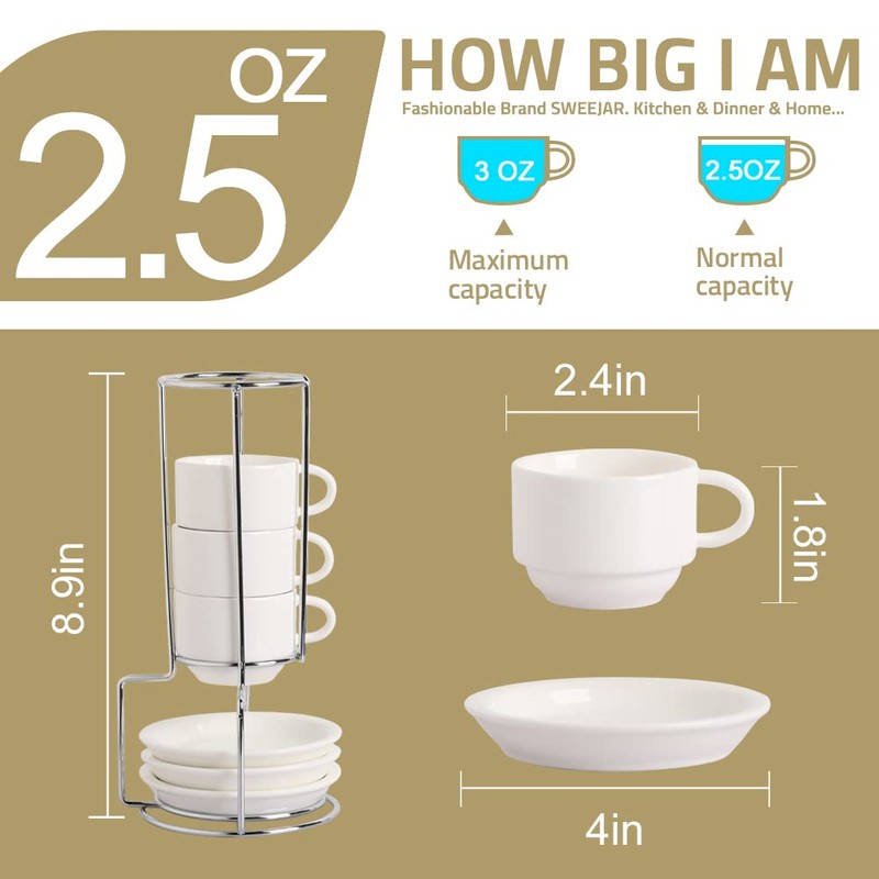 Sweejar Porcelain Espresso Cup & Saucer Set, Stackable Demitasse Cups