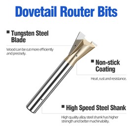 HUHAO Dovetail Router Bit 1/4" Shank 5/8" Dia Tungsten Carbide 14 Degree Dovetail Joint Joinery Bit Half-Blind Through Dovetail Bits for Drawer Cabinet Box Joints Making Woodworking