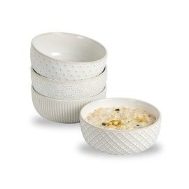 Hoilse Cereal Bowls Set of 4-26oz Embossed Stoneware Bowl for Kitchen, Ceramic Soup Bowl for Cereal, Salad, Noodles, Ramen,Chips | Farmhouse Housewarming Gift,6 Inch