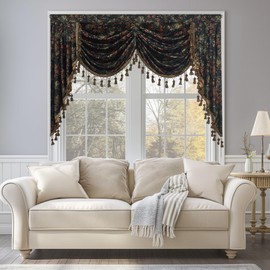 StangH Black Velvet Waterfall Valance Luxury Floral Print Vintage Decor Rod Pocket Heavy Thick Room Darkening Tier Window Drapes for Dining Living Room, W59 inches, 1 Panel