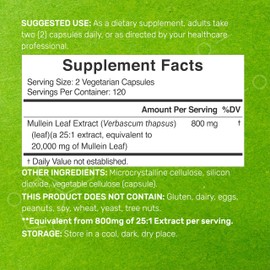 Mullein Leaf Extract 20,000mg, 240 Veggie Capsules – 4 Month Supply – Lung Cleanse & Detox Herbal Supplement – Supports Respiratory & Immune Health – Non-GMO, Vegan