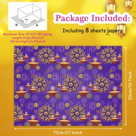 Pretty Happy Diwali wrapping paper 8 Sheets 4 Designs Folded Flat 20x28 inches per sheet Include Oil Lamp & Flowers Peacock Elephant Design in Purple and Yellow Color for India Festival, Birthday Party, Holiday Art & Craft Gift Wrap