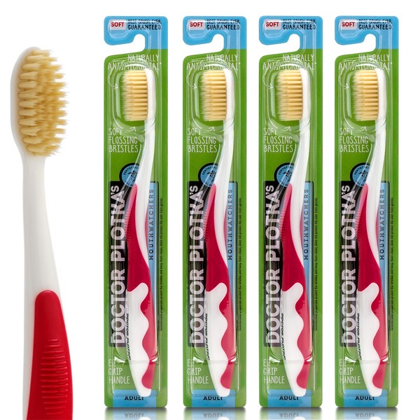 MOUTHWATCHERS MOUTHWATCHERS Soft Flossing Toothbrush, 4 Pack, Red, Manual Soft