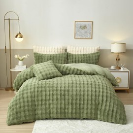 YASMENG Fluffy Faux Rabbit Fur Duvet Cover Set Twin Size Sage Green, Luxury Soft Plush Shaggy Comforter Cover for Cold Winter Spring Fall, 2pcs Girls Velvet Fuzzy Furry Bedding Sets Green