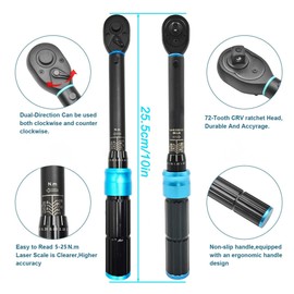RELIABLESLING 1/4-Inch Drive Torque Wrench, 5-25 N·m(44.3-221.3 in·lb) 72-Tooth Click Type, Dual-Direction Adjustable, Newton Meter Wrench for Bicycle, Motorcycle, Electronics & Car Repair