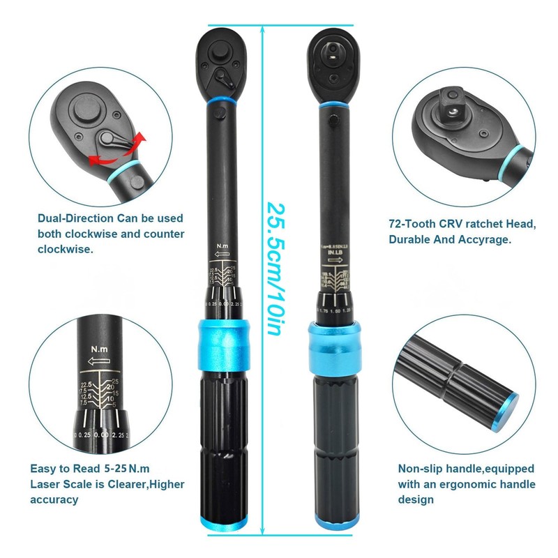 RELIABLESLING 1/4-Inch Drive Torque Wrench, 5-25 N·m(44.3-221.3 in·lb) 72-Tooth Click