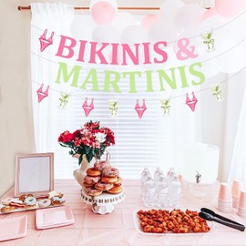 Sursurprise Bikinis and Martinis Bridal Shower Decor, Bikinis and Martinis Banner Sign Set Hot Pink Green, Summer Tropical Bachelorette Party Decorations, Beach Bach Party Supplies