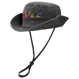 QKURT Boys Sun Hat, Kids Summer Sun Protection Bucket Hat Toddlers Adjustable Detachable Chin Strap Cowboy Cap Car Pattern Fisherman Hats Beach Cap for 2-4 Years Old Black