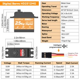 HobbyPark 25KG High Torque RC Servo Waterproof Full Metal Gears Steering Servo for 1/8, 1/10, 1/12 RC Cars Trucks Crawlers Robotic with 25T Servo Horn 180° Degree Programmable 8.4V HV (25kg Torque)