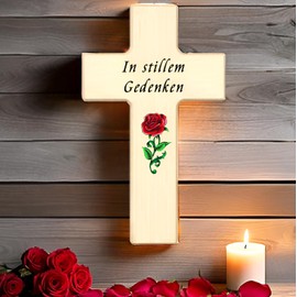 Kaltner Präsente Geschenkidee - 20 cm Holzkreuz Wandkreuz Kreuz Echtholz Natur Buche mit Buntdruck In stillem Gedenken