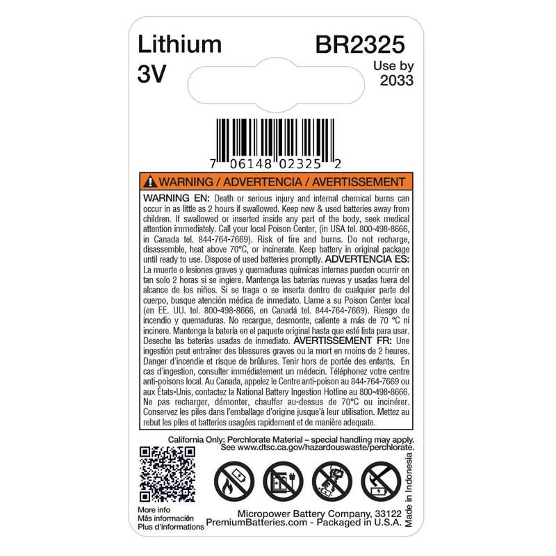 Premium Batteries BR2325 Battery Lithium 3V Coin Cell Child-Safe (1