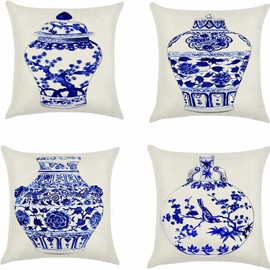 layhut Blue White Chinese Vase Pillow Covers 18x18, Outdoor Farmhouse Pillow Case, Garden Floral Cushion Case, Blue White Cushion Covers for Holiday Home Seasonal Summer Decor, 4 Pack