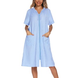 YOZLY House Dresses for Women Zipper Front Housecoat Lightweight Duster Robe with Pockets, Stripe Light Blue, Large