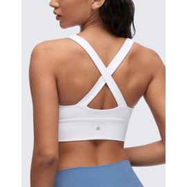CRZ YOGA Butterluxe Womens Ruched Longline Sports Bras - V Neck Padded Yoga Tank Wide Straps Cross Back Crop Tops White Large