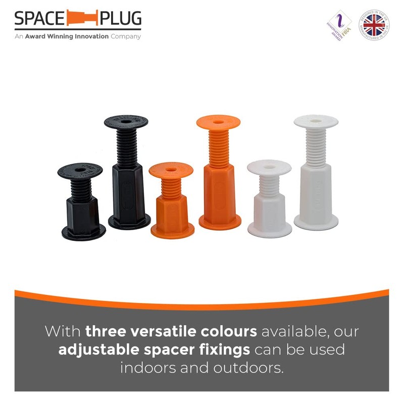 Space-Plug Adjustable Spacer Fixings, 40 Pack of Black Spacers, (20