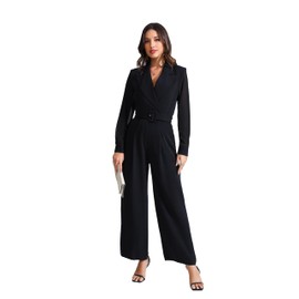 Love Welove Women's Elegant Black Formal Jumpsuit - Long Chiffon Sleeves, Wide-Leg Design, Perfect for Evening & Office Wear