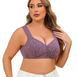 FHTECO Daisy Bras for Older Women Floral Plus Size Bra Wireless Front Closure Bras for Senior Daisy Comfort Tshirt Bra (US, Alpha, X-Large, Regular, Regular, Purple)