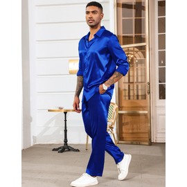 LecGee Mens Silk Satin 2 Piece Outfit Long Lapel Button Tops Palazzo Tracksuit Pajama Set Elegant Partywear(Blue,L)