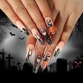 24pcs Long Coffin False Nails - Pumpkin Flame Love Spider Web Fake Nails - Press on Nails Pumpkin Spider False Nail Stick on Nails for Women and Girls
