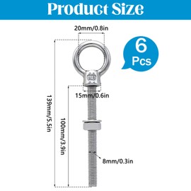 Herbst Pack of 6 Eye Bolts M8 Eye Bolt M8 x 100 mm Thread Eye Bolt 316 Stainless Steel (M8 x 100 mm)