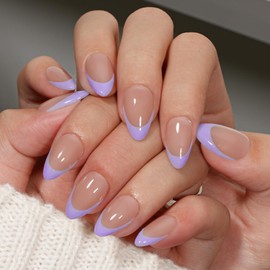 KQueenest Lilac French Tip Press On Nails Short Almond, 30 Pcs Acrylic Press On Nails With Glue, Glossy Soft Gel Short Fake Nails Press ons, Reusable Natural Nude Glue on Nails for Women Weddings