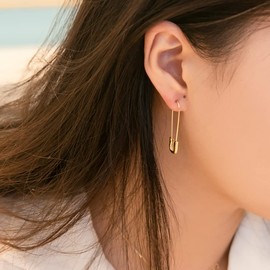 SLUYNZ Solid 925 Sterling Silver Safety Pin Hoop Earrings for Women Minimalist 1.4" Hoop Earrings Dangle (B-Gold Plated)