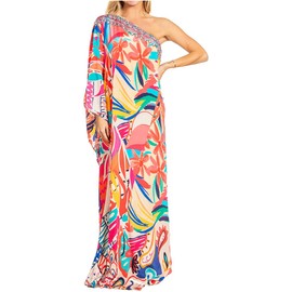 Sakkas 1914 - Dora Women's One Shoulder Short Sleeve Casual Elegant Maxi Dress with Print - 609 - OS