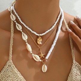 YANCHUN Muschel Seestern kette Für Frauen Sommer-Outfits Für Frauen Einstellbare Layered Sea Shell Perle Charme Halsketten Strand Urlaub Essentials Urlaub Schmuck