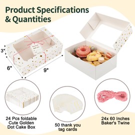 KGVZPT 24 Sets Christmas Cookie Boxes with Window Treat and Pastry 9x6x3 Inches Gold Bakery Boxes Container for Gift Giving Christmas Chocolate Covered Strawberries,Donut,Mini Cake Packaging Boxes