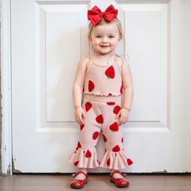 Mialoley Strawberry Outfit Baby Girl Summer Clothes Toddler Kid Bow Print Sleeveless Camisole Tank Top Flare Pant Sets 0-5T (Strawberry, 2-3T)