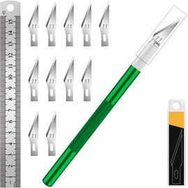 DIYSELF 1 Pcs Exacto Knife with 11 Pcs SK5 High Carbon Steel Exacto Blades Kit, Precision Knife Stencil Knife, Craft Hobby Knife, Art knife and 1pcs Steel 15cm Ruler for Fondant, Scrapbooking (Green)
