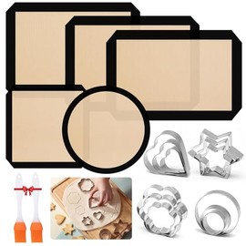 Kit de 19pcs Tapete de Silicona Antiadherente Reutilizables para Hornear, 5 Tapetes para Hornear, 12 Cortadores de Galletas, 2 Cepillos de Silicona,para Macaron, Galletas, Pasta, Pizza, Pan, sin BPA