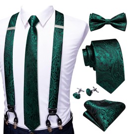 YOHOWA Mens Solid Suspenders Bowtie Skinny Necktie 6 Clips Strength Adjustable Braces Handkerchief Cufflinks Formal Business