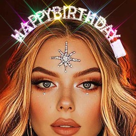Zoestar Light Up Happy Birthday Headband Glow Rhinestone Birthday Party Hair Accessories Women (Silver, One Size)
