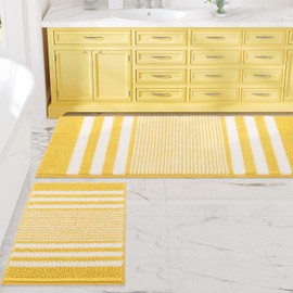 Starryle Bathroom Rugs Set 2 Piece, Extra Soft and Absorbent Fluffy Striped Chenille Bath Mat Rug Set, Non Slip Bathroom Floor Mat, Machine Washable (21" x 47" Plus 17" x 25", Yellow)