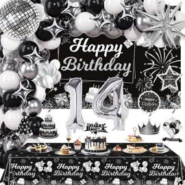 Miidenks 14th Birthday Decorations Set for Boy Girl,Black Silver Happy 14 Birthday Party Supplies with Birthday Backdrop Banner Birthday Tablecloth 14 Number Balloons for Her Him