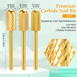 Nail Cutter Bits, Pack of 3 Safety for Nail Drill, Carbide Nail Cutter for Manicure, Smooth Round Nail Drill, Nail Cutter Attachment for Manicure Pedicure (XC & M & XF Gold)