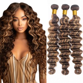 Highlight Bundles Human Hair 4/27 Deep Wave Human Hair Bundles Ombre Bundle 16 18 20 Inch 4/27 Bundle Tangle Free Brazilian Remy Hair Extensions Untra Soft No Tangle