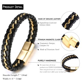 HALUKAKAH Kids ● Solo Junior ● Boy's Genuine Leather Bracelet Black 6-12 Y/O. Titanium Silver Chain Magnetic Clasp 7"/18cm with Free Giftbox