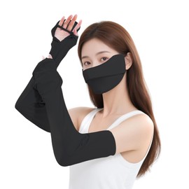 [HTPARY] アームカバー UV セット（顔カバー付き） 接触冷感 UPF50+ 日焼け防止 レディース 夏用 ロング丈 全掌抜き 通気速乾 ゴルフ 自転車 運転 ガーデニング スポーツ 紫外線対策 洗える 繰り返し使用 (ブラック)