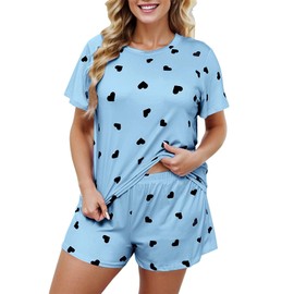 Celucke Women's Summer Pajama Set, Soft Comfortable Short Sleeve Shorts Sleepwear Breathable Blend Home Wear, Satin Pyjamas For Women, Pj Shorts Set, Ladies Comfort Lounge Wear Nightwear Blue