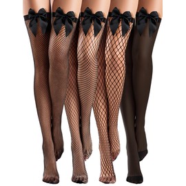 Fourluoo 4 Pairs Fishnet Thigh High Stocking for Women Silicone Lace Top Sheer Silky Over Knee High Stocking with Bows(Black,M)