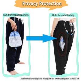 BOYUDZLTD Catheter Pants for Men/Women, Nephrostomy/Urinary Pants, Holds 2 Urine Bags (Black, Large-Waist: 27.5''40.1'')