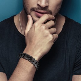 COOLSTEELANDBEYOND Mens Fancy Vintage Black Stainless Steel Tribal Tattoo Pattern Curb Chain Bracelet Spring Box Clasp